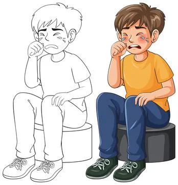 Sad Young Boy Crying and Wiping Tears Vector Illustration Set イラスト素材