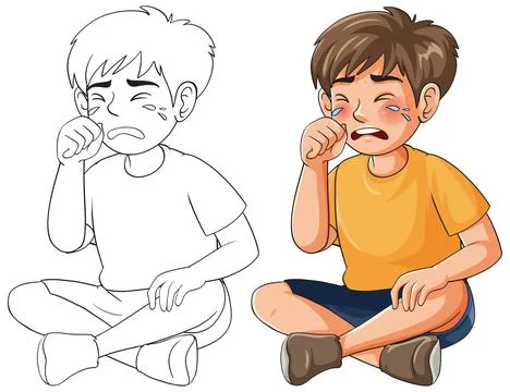Sad Young Boy Crying Vector Illustration with Coloring Page Version Stock Illustration