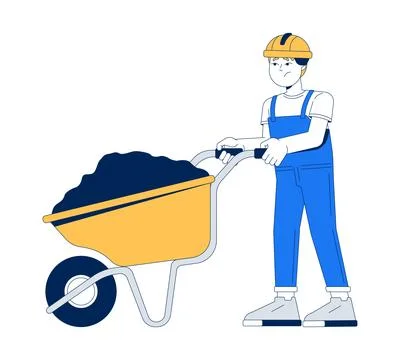 Sad young boy pushing wheelbarrow 2D cartoon character Stock Illustration