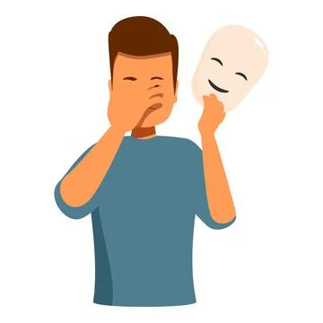 Sad young man hiding his face and holding a happy mask 库存插图