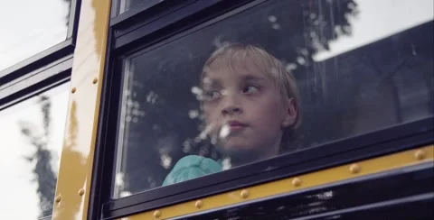 Sad young man looking out school bus window Stock-Footage 53398460