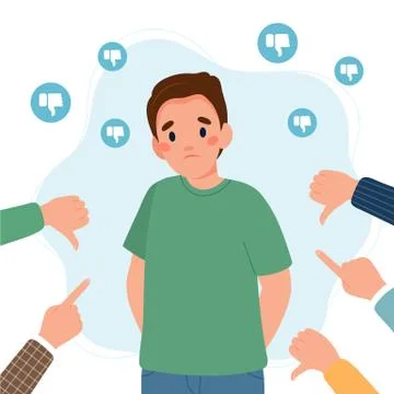 Sad young man surrounded by hands with thumbs down and pointing fingers. Guil Stock Illustration