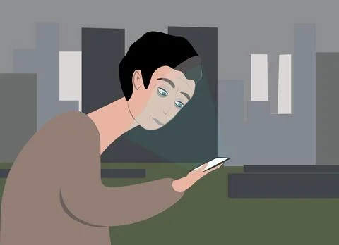 Sad Young Man Walking Outside While Looking at Phone, Flat Vector Illustration Stock Illustration