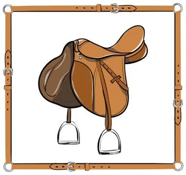 Saddle in belt frame on white. Equestrian harness, stirrup, horse riding gear Stock Illustration