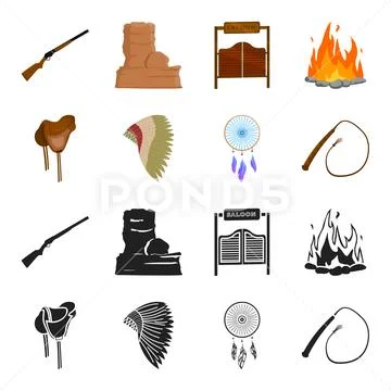 Saddle, Indian mohawk, whip, dream catcher.Wild west set collection icons in Stock Illustration