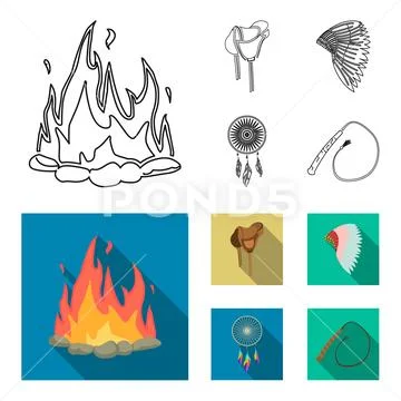 Saddle, Indian mohawk, whip, dream catcher.Wild west set collection icons in Stock Illustration