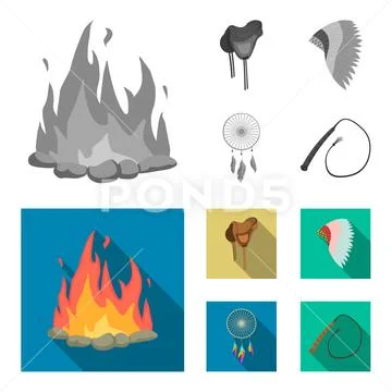 Saddle, Indian mohawk, whip, dream catcher.Wild west set collection icons in Stock Illustration