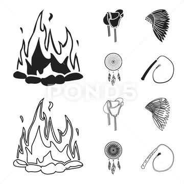 Saddle, Indian mohawk, whip, dream catcher.Wild west set collection icons in Stock Illustration