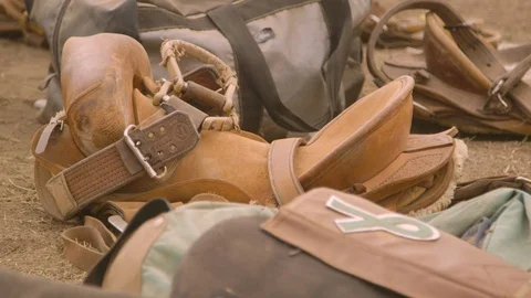 A saddle placed on the ground Stock Footage 107294381