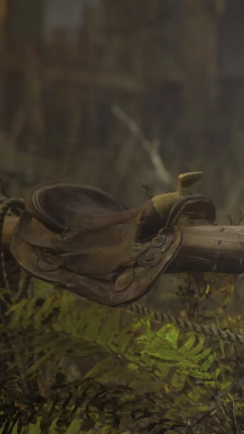 Saddle placed on a wooden post in a natural setting during evening light Stock Footage 336584633