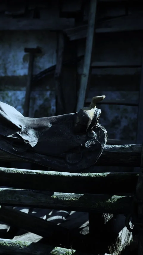 Saddle placed on a wooden stand in an old barn during the afternoon Stock Footage 339036151