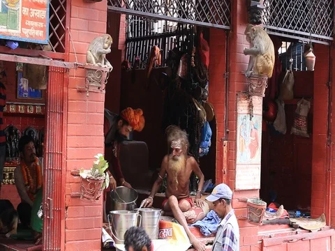 Sadhu, holy man feeds hungry people in Pashupatinath Temple, Kathmandu, Nepal Stock Footage