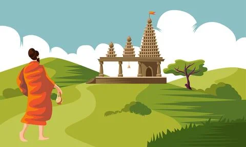 Sadhu walking to temple backside Stock Illustration