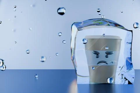 A sadlooking cup trapped in ice, symbolizing blue monday Illustrazione stock