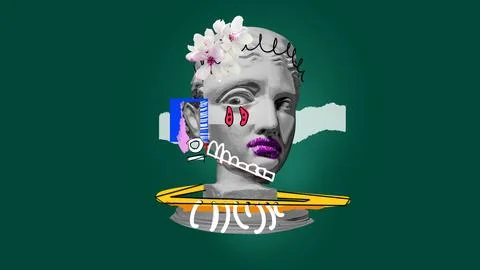 Sadness. Antique statue bust, plaster sculpture with doodles on dark green Stock Illustration