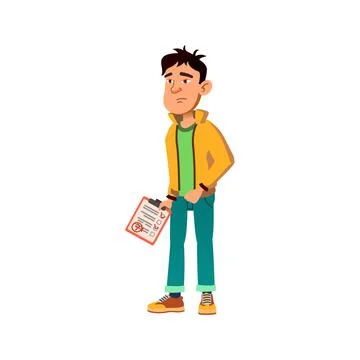 Sadness boy student holding test list with bad mark cartoon vector Ilustración de archivo