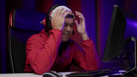 Sadness gamer man play computer pc. He lose in the game. Missed the chance. Stock Footage 162371541