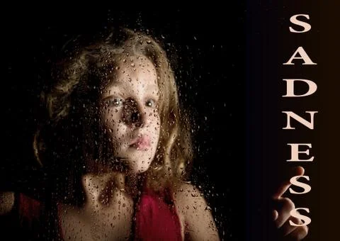 Sadness written on virtual screen. hand of frightened young girl melancholy and Stock Photos