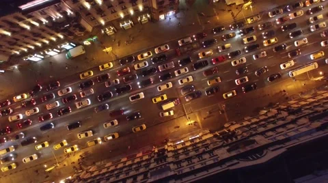Sadovoe ring evening road traffic. Center of Moscow night illumination. Aerial. Stock Footage 65565361
