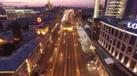 Sadovoe ring evening road traffic. Center of Moscow night illumination.  Stock-Footage 65565443