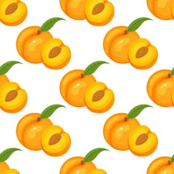 Saemless pattern with cartoon detailed exotic peach on white background. Summ Stock Illustration