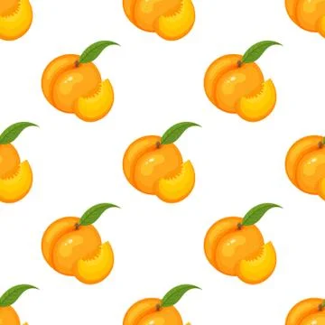 Saemless pattern with cartoon detailed exotic peach on white background. Summ Stock Illustration