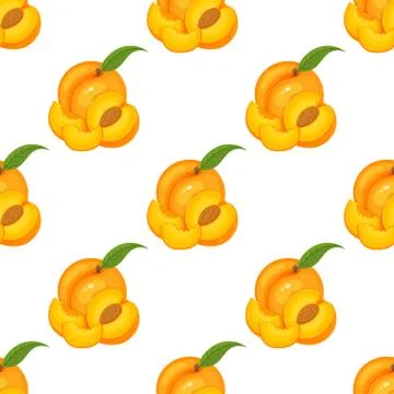 Saemless pattern with cartoon detailed exotic peach on white background. Summ Illustrazione stock