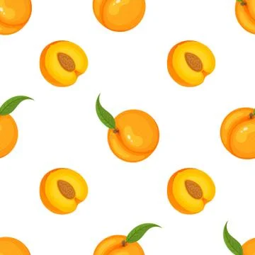 Saemless pattern with cartoon detailed exotic peach on white background. Summ Illustrazione stock