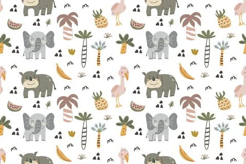 Safari animals seamless pattern with palm and grass, tropical fruits. Doodle Stock Illustration