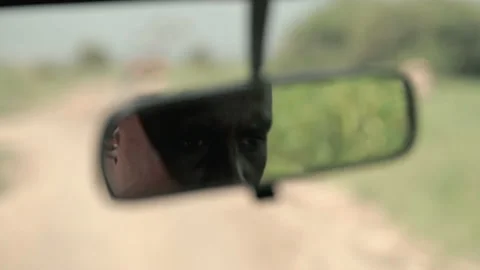 Safari guide, on a game drive, through mirror in landcruiser 스톡 동영상 131936277