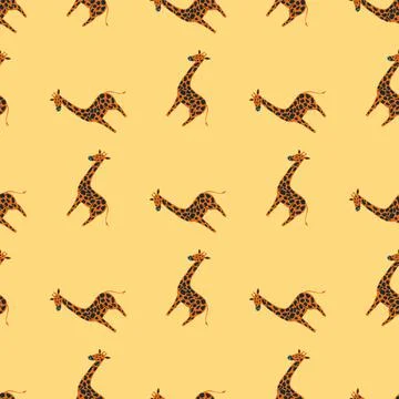 Safari seamless doodle pattern with brown giraffe silhouettes. Light orange b Stock Illustration