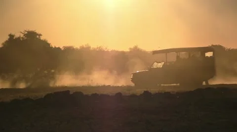 Safari trucks at sunset Stock Footage