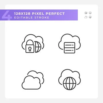 Safe access to cloud based storage pixel perfect linear icons set Stock Illustration