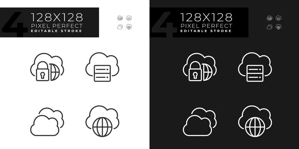Safe access to cloud storage pixel perfect linear icons set for dark, light mode 스톡 일러스트