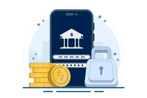 Safe and secure financial app concept, Smart phone with gold coin and key. Stock Illustration