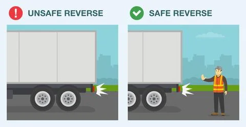 Safe and unsafe reverse. Spotter helps to reverse truck and shows stop gesture. Stock Illustration