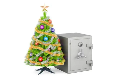Safe box with Christmas tree. 3D rendering Stock Illustration
