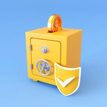 Safe box with coin and shield on blue background Ilustración de archivo