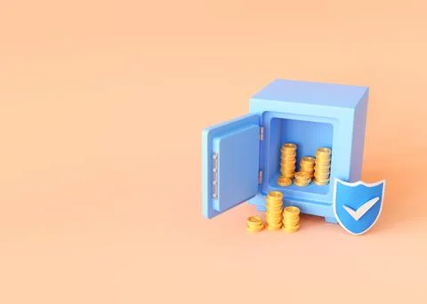 Safe box with coin and shield on blue background Stock Illustration