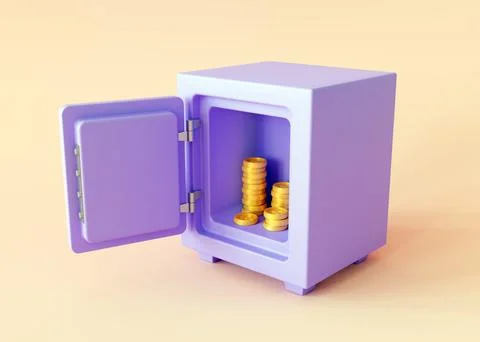 Safe box with coin on beige background. Secure storage concept 스톡 일러스트
