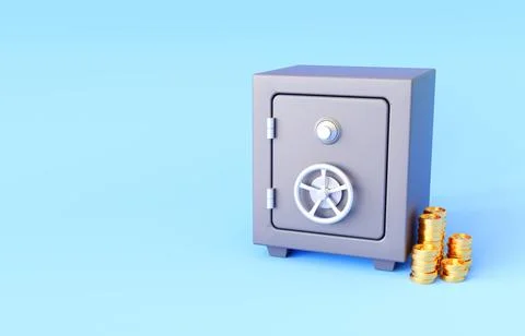 Safe box with coin on beige background. Secure storage concept 스톡 일러스트