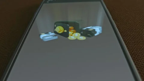 Safe box with crypto coins and stacks, graphic presentation on smartphone Stock Footage 303426586