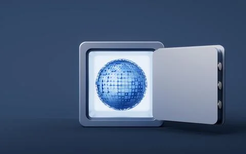 Safe box with digital sphere background, 3d rendering. Stock-Illustration