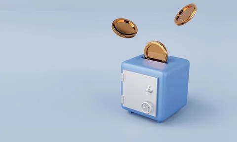 Safe box with dropping and collecting golden coins on blue background. Fina.. Stock Photos