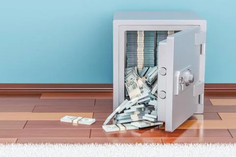 Safe box full dollar packs on the floor, 3D rendering Illustrazione stock