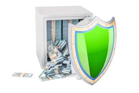 Safe box full dollar packs with shield. Financial insurance concept, 3D rende Stock Illustration