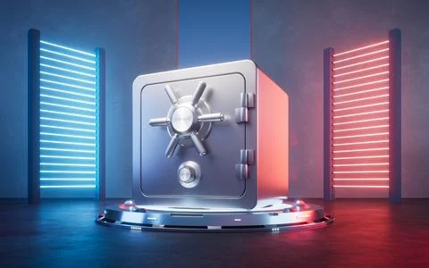 Safe box with glowing neon lights, 3d rendering. Stock-Illustration