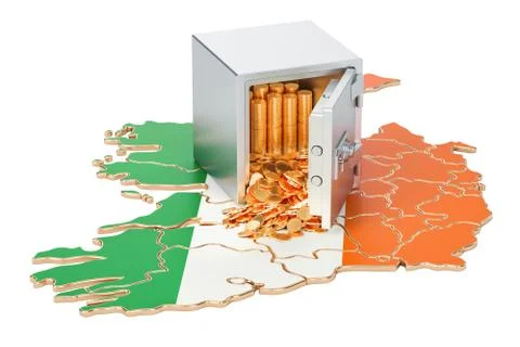 Safe box with golden coins on the map of Ireland, 3D rendering Stock Illustration