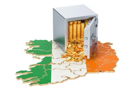 Safe box with golden coins on the map of Ireland, 3D rendering Stock Photos