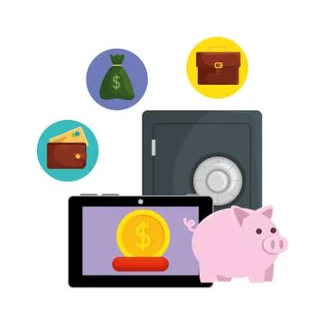 Safe box with tablet and ecommerce icons Ilustración de archivo